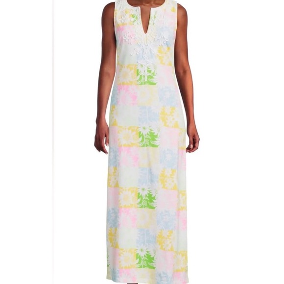 Lilly Pulitzer Raina Maxi Dress patchwork floral print white lace detail V-neck